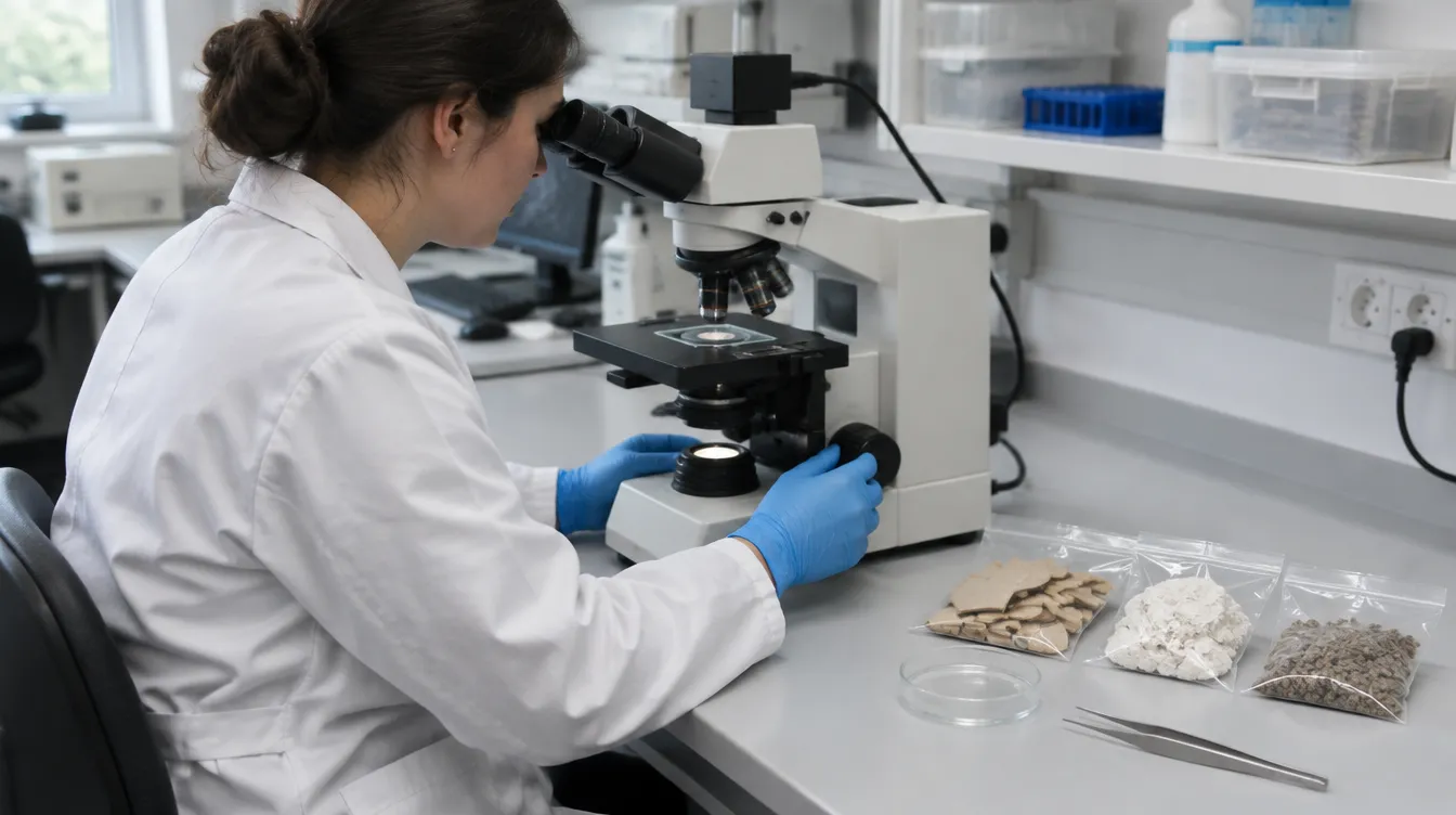 Lab technician looking through a polarized light microscope next to bagged samples of floor tile, drywall compound and vermiculite